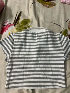 Gray and White Striped Polo Crop Top