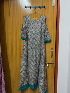 Green Printed Cold Shoulder Kurta