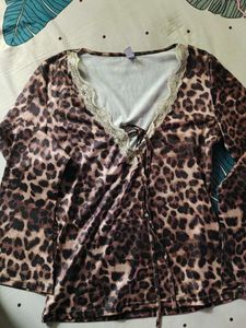 Leopard Print Lace-Up Long Sleeve Top
