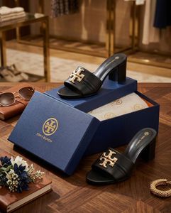 Tory Burch Black Leather Gold Logo Heels