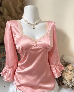 Pink Satin Lace Trimmed Puff Sleeve Top