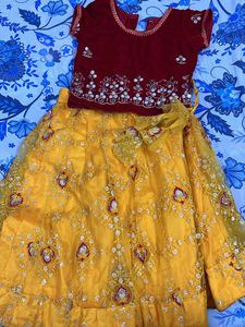 Red Velvet Choli With Yellow Net Lehnga