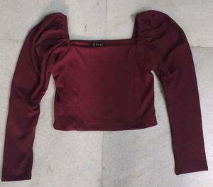 Maroon Puff Sleeve Square Neck Top