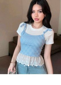 Cute Blue Gingham Layered Top