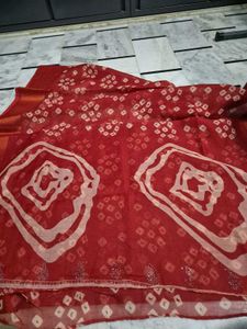 Red Bandhani Print Saree with Embellishments