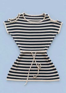BLACK AND BEIGE STRIPED NET TEXTURE WAIST-TIE