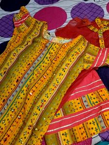 Rayon Kurta Plazo With Dupatta,Red And Yellow Mustard Mix Colour It's A Beautiful Design With Plazo .lace And Mirror Work In Kurta