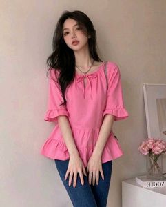 🩷Kawai Pink Tie-Neck Tunic Top