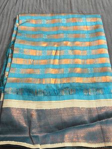 Elegant Blue & Gold Checked Saree