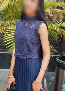 Elegant Navy Blue Lace &amp; Pleated middi