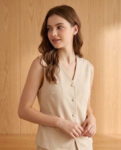 Elegant Beige Wrap Top with Pearl Button