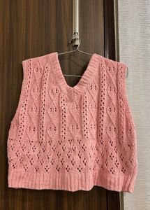 Pink Cable Knit V-Neck Vest