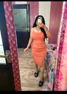Orange Ruched Spaghetti Strap Dress