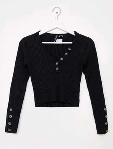 Black Ribbed Button-Up Top