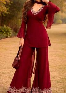 Maroon Kurta Set with Embellished Neckline