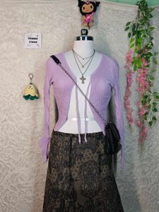 Lavender Tie-Front Ribbed Cardigan