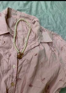 Pink Embroidered Button-Up Blouse