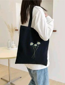 Black Tote Bag with Daisy Embroidery