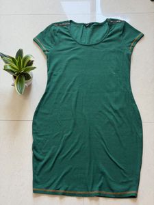 Green Ribbed Knit Dress with Embellished Shoulders