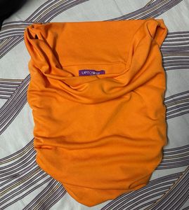 Orange Stretchable Ruched Cowl Neck Crop Top