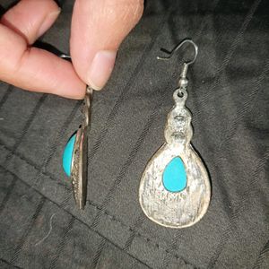 Oxidised Silver Earrings With Blue Stone