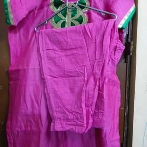 Pink Kurta Set with Green Embroidery
