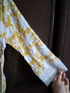 Yellow Floral Kurta with White Lace Detail