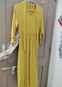 Mustard Yellow Midi Dress with Tie Neck