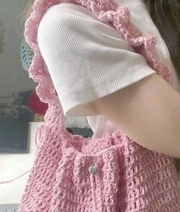 Pink Crochet Shoulder Bag with Heart Detail
