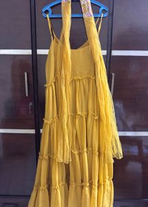 Yellow Tiered Embroidered Gown with Dupatta