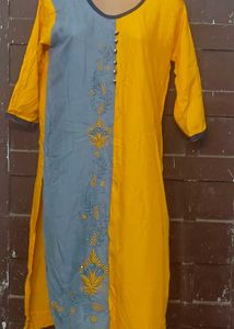 Yellow &amp; Grey Embroidered Kurta