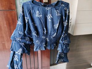 Blue Graphic Print Ruffle Sleeve Top
