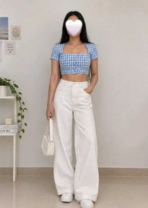 Blue Gingham Cropped Top square neck