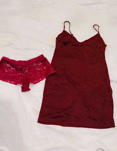 Burgundy Satin Nightgown &amp; Lace Panty Set