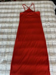 Red Ribbed Strapless Dress