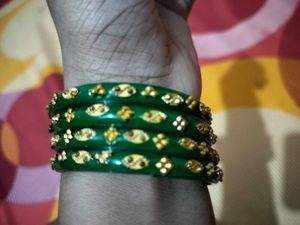 Set of 4 Green Bangles with Gold Embellishments