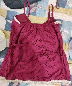 Maroon Lace Trim Peplum Top