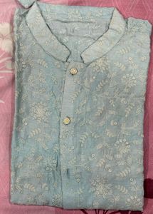 Men's Blue Embroidered Kurta with Stole