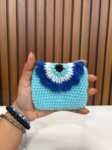 Handmade Blue Crochet Evil Eye Pouch