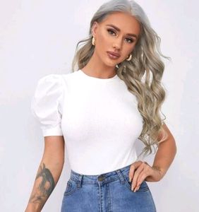 White Half Puffed Sleeves Top