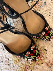 Forever 21 Black Floral Lace-Up Heels