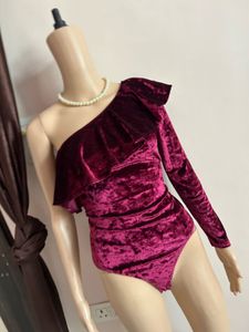 Velvet One-Shoulder Ruffle Bodysuit