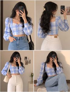 Blue Plaid Zip-up Puff Sleeve Corset Crop Top