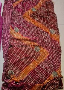 Beautiful Red Bandhani Saree with Sequins