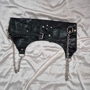 Edgy Black Faux Leather Chain Top / corset belt