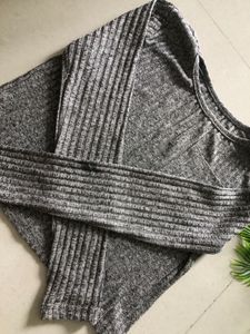 Grey Ribbed Long Sleeve Top with Pocket