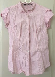 Pink Short Sleeve Button-Up Blouse