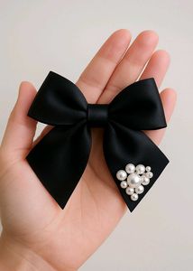 Black Bow Hair Clip with Pearls