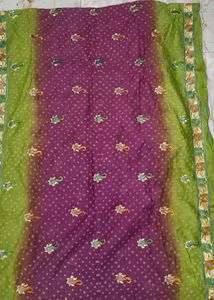 Beautiful Green &amp; Purple bandhani saree