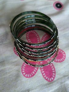 Elegant Green Glass Bangles with Rhinestones